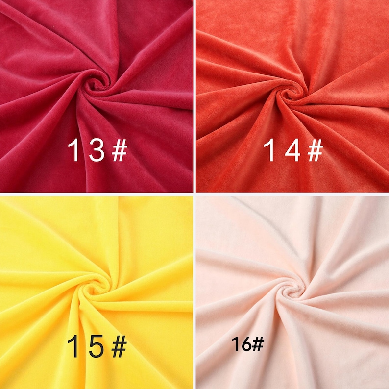 May include: A four-panel grid of velvet fabric swatches. The top left is deep red labeled 13#, top right is orange labeled 14#, bottom left is bright yellow labeled 15#, and bottom right is pale pink labeled 16#. Each swatch shows fabric folds.