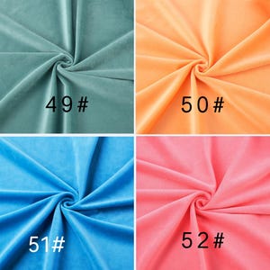 May include: A collage of four fabric swatches featuring a soft, velvet-like texture. The colors include teal, orange, bright blue, and pink. Each swatch is gathered in the center and labeled with black text: 49#, 50#, 51#, and 52#.
