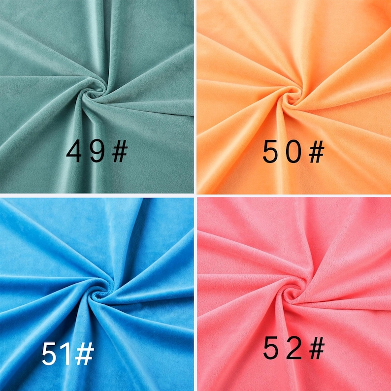 May include: A collage of four fabric swatches featuring a soft, velvet-like texture. The colors include teal, orange, bright blue, and pink. Each swatch is gathered in the center and labeled with black text: 49#, 50#, 51#, and 52#.