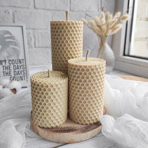 Beeswax pillar candles – Set of handrolled beeswax candles - Small medium and large almost white candle