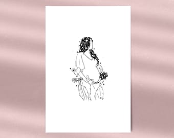 Illustration A4 Femme Enceinte Annonce Grossesse Noir et Blanc Fleurs Edition Limitée Numérotée