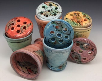 Lidded holder, ceramic, hand painted, dishwasher and oven safe,  great for pens, brushes, flowers, lollipops, and more  Functional clay art!