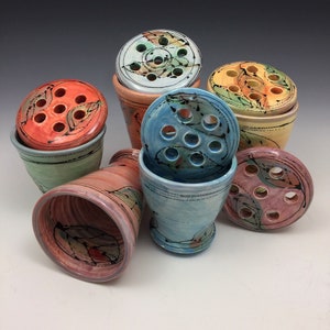 Lidded holder, ceramic, hand painted, dishwasher and oven safe,  great for pens, brushes, flowers, lollipops, and more  Functional clay art!