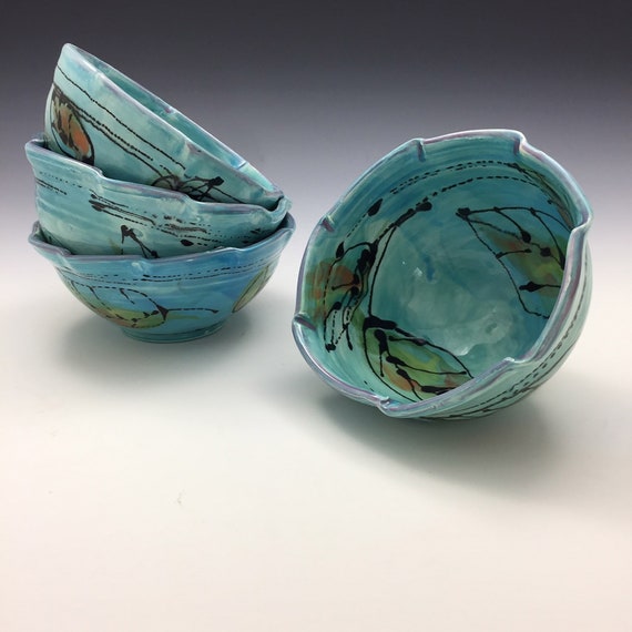 Ruffled Ceramic Bowls Hand Painted Dishwasher Safe Oven Safe