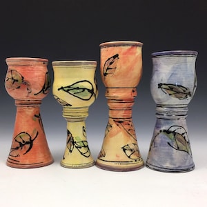 Chalices,  ceramic goblets, hand painted, dishwasher safe, oven safe, , hot and cold, flipto use for champagne flute. Functional clay art!