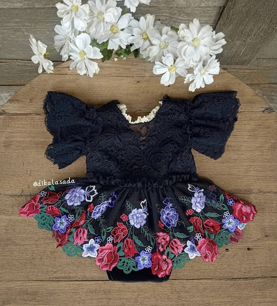 Newborn Black Dress, Pretty Baby Gown, Elegant Baby Romper