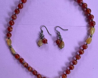 Beautiful Victorian Red Orange Opal Carnelian Yellow Agate 17" clasp large Pendant Necklace + Earring Set Gemstone Jewelry HANDMADE by MOM