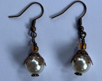 ELEGANT Victorian style Creamy White Faux Glass Pearl 1.5" copper plated metal Dangle Earrings Gemstone Jewelry HANDMADE by MOM