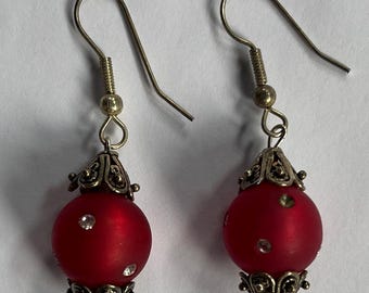 ELEGANT Victorian Bright Red Pearl style Rhinestone 1.75" Globe Dangle Earrings Gemstone Jewelry HANDMADE by MOM