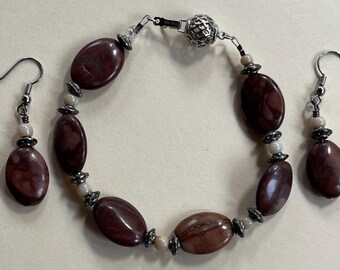 ELEGANT Tibetan style Brown Opaque Jasper Stone silver toned 8" clasp Bracelet + Earrings Set Gemstone Jewelry HANDMADE by MOM