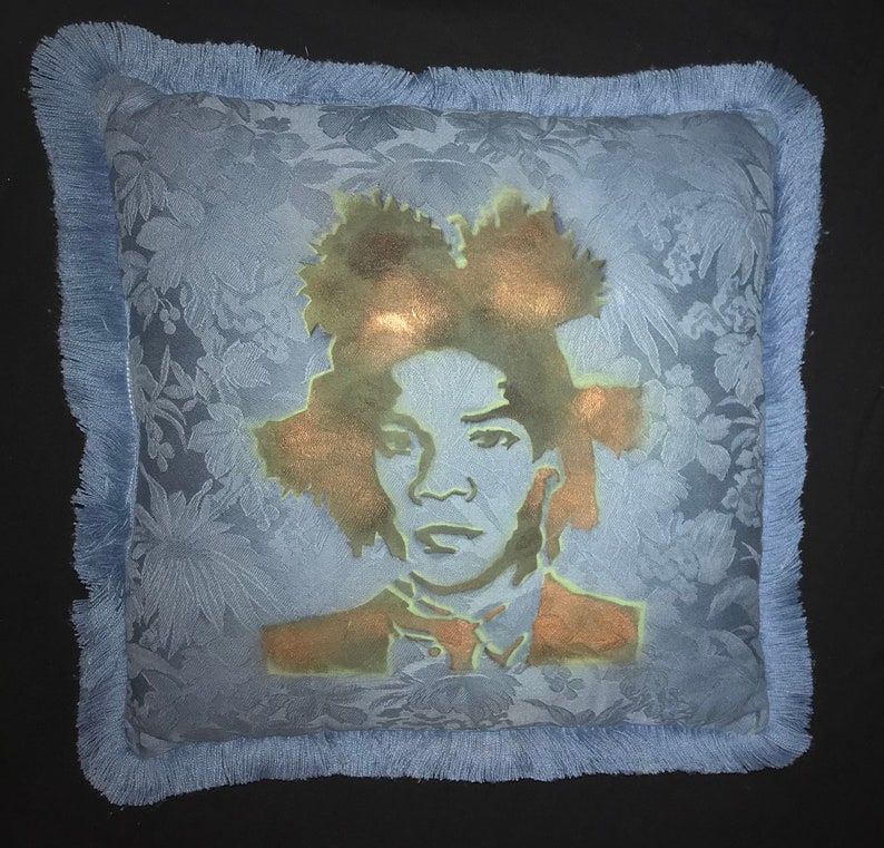 Custom BASQUIAT Soft Cotton Satin BLUE Floral Patterned Fringe 17x17 Indoor Throw Pillow one of a kind SAMO