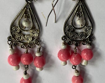 ELEGANT Victorian Boho Pink Jade White Czech Crystal 3" Silver tone Chandelier Dangle Earrings Gemstone Jewelry HANDMADE by MOM