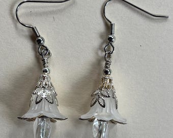 BEAUTIFUL Elegant Tibetan Trumpet Flower White Lucite Bell Crystal 1.25" light Drop Dangle Earrings Gemstone Jewelry HANDMADE by MOM