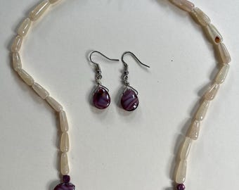 BEAUTIFUL Purple Opal Czech Crystal Swirl Glass Teardrop 19" Toggle Clasp Necklace Earrings Set Gemstone Jewelry HANDMADE by MOM