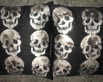 Custom SILVER SKULL Gothic Allover Black Cotton Polyester 18x18 INDOOR Outdoor Throw Pillow