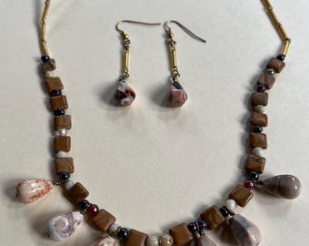 BEAUTIFUL Brown Agate Moukaite Jasper Czech Crystal stick bead 20" Necklace Earrings Set Gemstone Jewelry HANDMADE by MOM