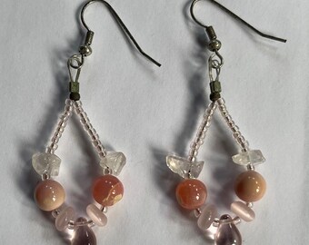 ELEGANT Victorian Boho Pink Rose Quartz Czech Glass 2.5" Diamond shape Dangle Earrings Gemstone Jewelry HANDMADE by MOM