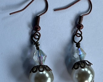 ELEGANT Victorian style Creamy White Faux Glass Pearl 1.5" Cone Crystal Dangle Earrings Gemstone Jewelry HANDMADE by MOM