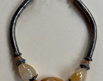 ELEGANT Tibetan style Yellow Orange Agate honey brown Stone 7" lobster clasp Bracelet Gemstone Jewelry HANDMADE by MOM