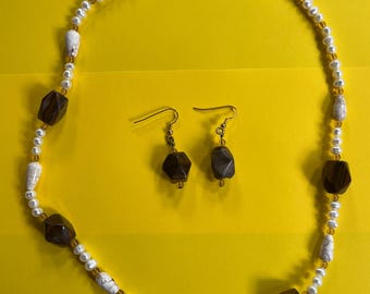 BEAUTIFUL Tribal Chunky Boho Carmel Brown Howlite Gold White Freshwater Pearls 25" Necklace Earrings Set Gemstone Jewelry HANDMADE by MOM
