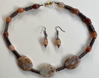 BEAUTIFUL Rustic Sunrise Brown Agate Serpentine Copper 18" Necklace Earrings Set Gemstone Jewelry HANDMADE by MOM