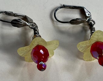 BEAUTIFUL Yellow Red Blossom Flower Acrylic Czech Crystal Silver Plated 1.5" light Drop Dangle Earrings Gemstone Jewelry HANDMADE by MOM