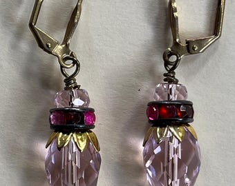 ELEGANT Victorian style Purple Amethyst Czech Glass Pink Red Rhinestone Rondelle 2" Dangle Earrings Gemstone Jewelry HANDMADE by MOM