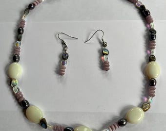 Beautiful Victorian Bobo Purple White Opalite Cats Eye Freshwater Pearl 19" clasp Necklace + Earring Set Gemstone Jewelry HANDMADE by MOM