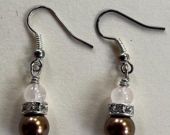 ELEGANT Victorian Brown Glass Pearl Silver toned Crystal Quartz 1.5" Drop Dangle Earrings Gemstone Jewelry HANDMADE by MOM