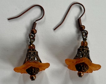 BEAUTIFUL Blossom Lucite Orange Flower Antique Copper 1.5" light Drop Dangle Earrings Gemstone Jewelry HANDMADE by MOM (1B)