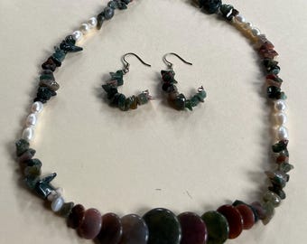 BEAUTIFUL Tribal Green Brown Fancy Jasper Indian Agate Freshwater Pearl 17" Necklace Earrings Set Gemstone Jewelry HANDMADE by MOM