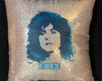 Custom TREX Marc Bolan &quot;Metal Guru&quot; Glitzy Sequin Rose Gold / Satin back 18x18  Indoor Throw Pillow