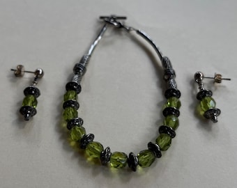 ELEGANT Tibetan style Green translucent Glass Bead 7" toggle clasp Bracelet + Earrings Gemstone Jewelry HANDMADE by MOM