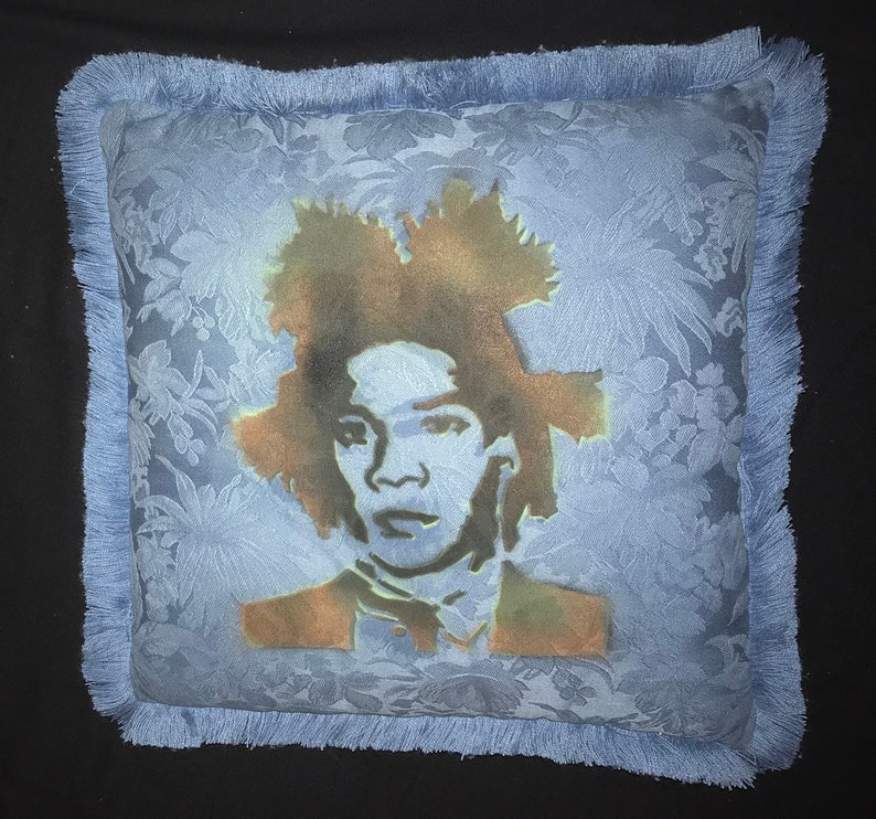 Custom BASQUIAT Soft Cotton Satin BLUE Floral Patterned Fringe 17x17 Indoor Throw Pillow one of a kind SAMO