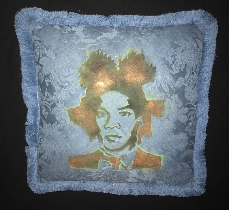 Custom BASQUIAT Soft Cotton Satin BLUE Floral Patterned Fringe 17x17 Indoor Throw Pillow one of a kind SAMO