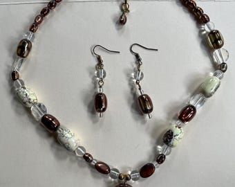 BEAUTIFUL Brown Agate Jasper Czech Glass Yellow Turquoise Red Tiger eye 20" Pendant Necklace Earrings Set Gemstone Jewelry HANDMADE by MOM