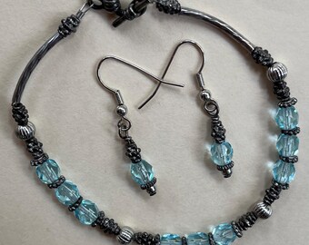 ELEGANT Tibetan style Blue translucent Glass Bead 8" toggle clasp Bracelet + Earrings Gemstone Jewelry HANDMADE by MOM