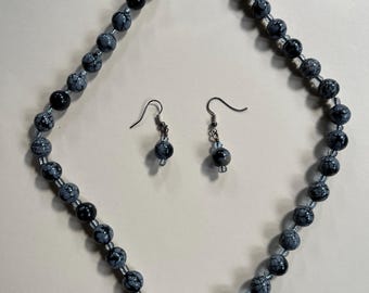 BEAUTIFUL Black Marbled Snowflake Obsidian 20" Necklace Earrings Set Gemstone Jewelry HANDMADE by MOM