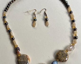 BEAUTIFUL Brown Crazy Lace Jasper Yellow Opal Dark Luster Pearl 19" Necklace Earrings Set Gemstone Jewelry HANDMADE by MOM