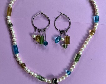 Beautiful Victorian FW Pearl Blue Green White Red Jasper Large 21" clasp Pendant Necklace + Earring Set Gemstone Jewelry HANDMADE by MOM