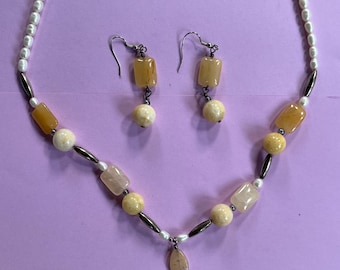Beautiful Boho Honey Brown Yellow Mookaite Freshwater Pearl 20" clasp Pendant Necklace + Earrings Gemstone Jewelry HANDMADE by MOM