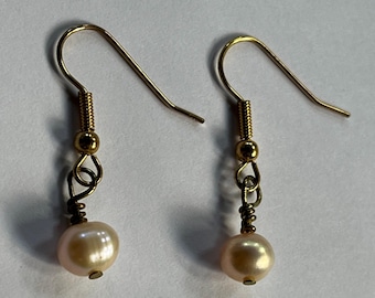 ELEGANT Victorian Freshwater Champaign Pearl 1.25" 22K gold plated Dangle Earrings Gemstone Jewelry HANDMADE by MOM