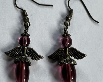 ELEGANT Victorian Purple Acrylic Lucite Bead Angel Wings Silver toned 2" Dangle Earrings Gemstone Jewelry HANDMADE by MOM