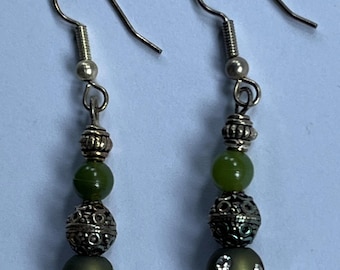 ELEGANT Bohemian Tibetan 3 bead Nephite Jade Rhinestone 1.5" Drop Dangle Earrings Gemstone Jewelry HANDMADE by MOM