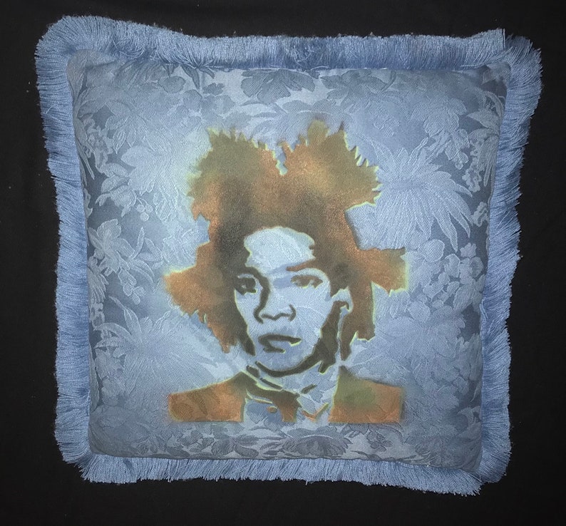 Custom BASQUIAT Soft Cotton Satin BLUE Floral Patterned Fringe 17x17 Indoor Throw Pillow one of a kind SAMO