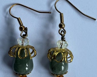 ELEGANT Victorian style Green Jade Jadeite Crystal Glass Rondelle 1.85" Dangle Earrings Gemstone Jewelry HANDMADE by MOM