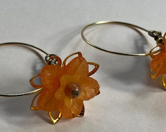 BEAUTIFUL Orange Blossom Flower Frosted Glass Crystal Gold Plated 1.75" light Drop Dangle Earrings Gemstone Jewelry HANDMADE by MOM
