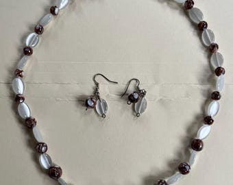 BEAUTIFUL White Brown Czech Swirl Opalite White Translucent  22" Necklace Earrings Set Gemstone Jewelry HANDMADE by MOM