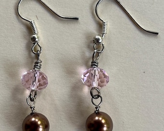 ELEGANT Victorian Pink Purple Acrylic Copper Faux Pearl 1.85" Drop Dangle Earrings Gemstone Jewelry HANDMADE by MOM