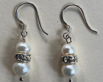 ELEGANT Victorian Freshwater White Pearl Glass Crystal 1.25" Drop Dangle Earrings Gemstone Jewelry HANDMADE by MOM